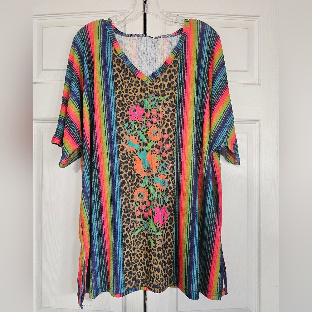 Crazy Train Trinity Colorful Striped Leopard Print Top